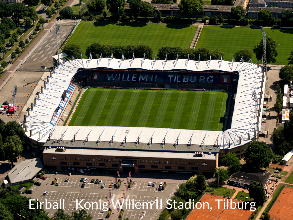 21 July 2017, Tilburg, Holland. Aerial view of soccer arena Koning Willem II Stadion of football club Willem 2. The logo of the team and the name King Side is visible on the tribune.